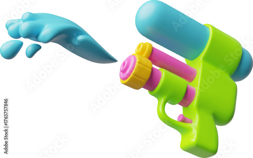 Water gun with refill water reservoir splashes, vector 3D cartoon colorful plastic kids game spraying pump blaster toy