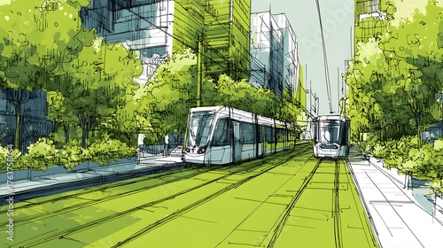 Hand-drawn architectural sketch depicts modern trams moving through a verdant urban corridor