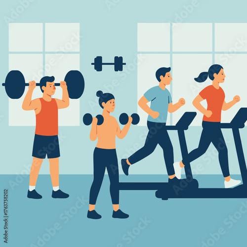 Gym Workout with Weights and Treadmill Flat Vector Illustration