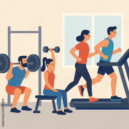 Gym Workout with Weights and Treadmill Flat Vector Illustration