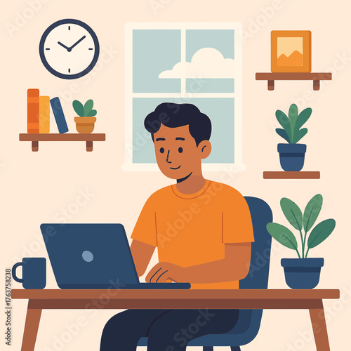 Person Working in Home Office with Laptop and Indoor Plants Flat Vector Illustration