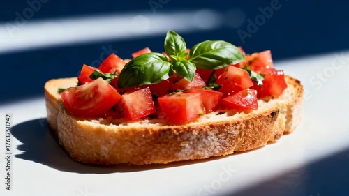 Delicious Tomato and Basil Bruschetta Appetizer on Rustic Toasted Bread Slice with Natural Sunlight Dappled Background