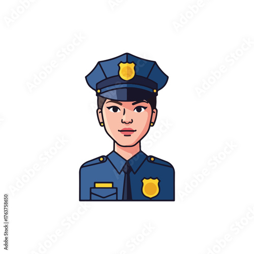 A friendly cartoon illustration of a female police officer wearing a blue uniform, hat, and golden badges.