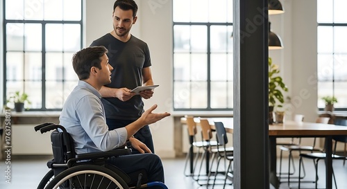 Inclusive Collaboration: Two colleagues, one utilizing a wheelchair, engage in a focused discussion within a modern office setting, showcasing inclusivity and teamwork.