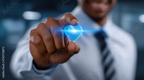 Man creating a glowing heart symbol in a modern office
