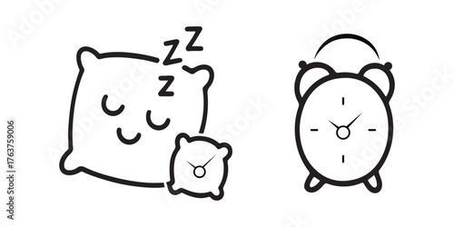 Pillow and Alarm Clock Line Art Icon Set for sleeping time