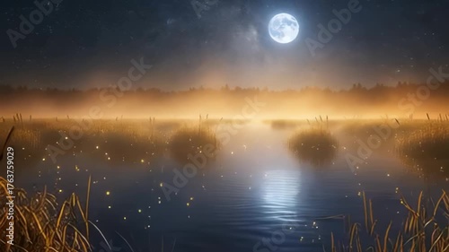 Enchanting Misty Lake At Night With Full Moon And Fireflies Illuminating The Serene Waters And Golden Reeds