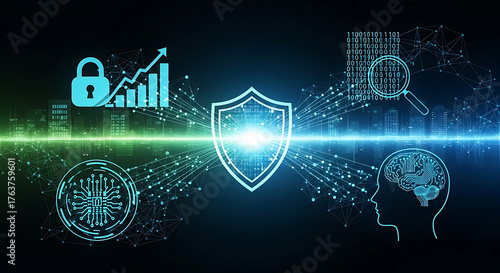 Cyber security and data protection with shield and digital icons