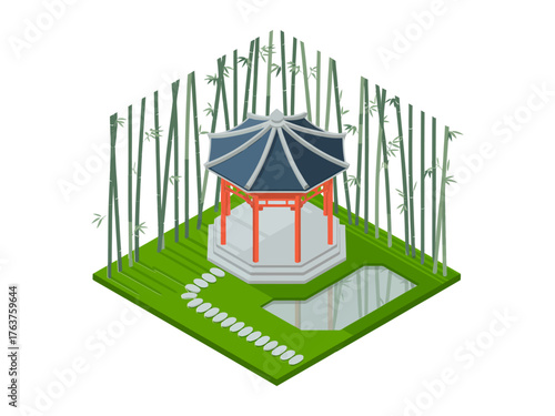 Bamboo grove courtyard isometric, hexagonal pavilion with dark roof, green lawn platform, peaceful meditation space, oriental garden vector