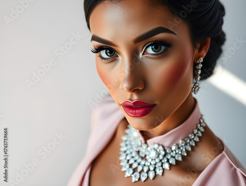 High-angle portrait, strong hard light, creating harsh shadows, exotic woman with dark eyes and olive skin, wearing pink and beige haute couture, diamond necklace, pristine white background.
