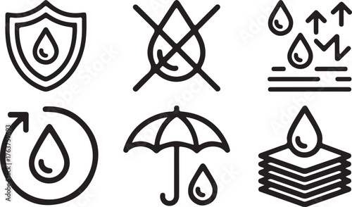 Set of six essential waterproof and moisture resistant icons for product labeling and design vector
