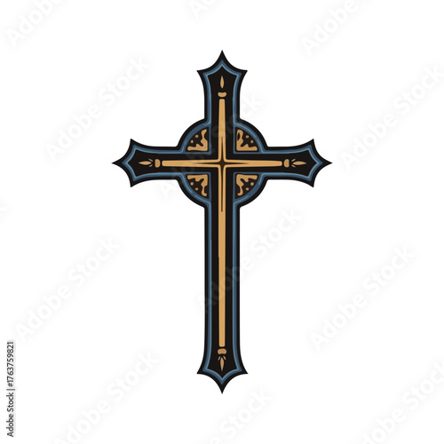Ornate Christian cross with a dark blue border and gold accents, isolated on a white background.