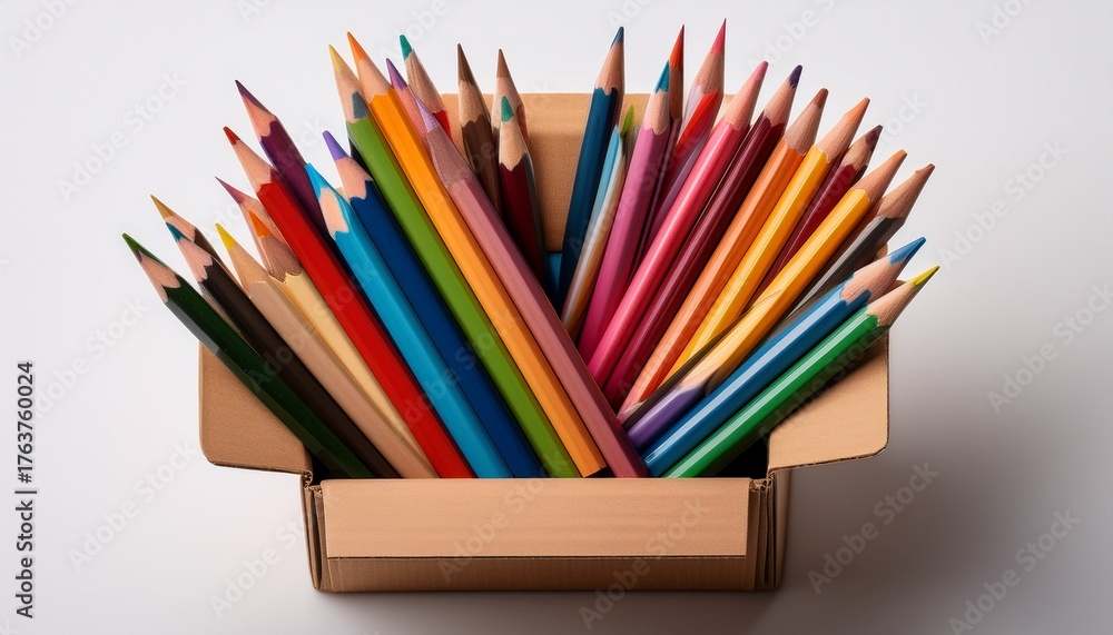Fototapeta premium a cardboard box overflowing with vibrant colored pencils some neatly arranged inside others spilling out showcasing a variety of sharpened points and hues against a plain white background