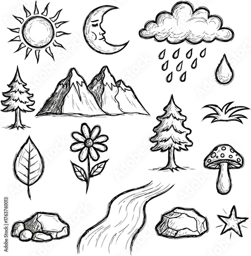 Handmade Brush-Drawn Nature Element Vectors – Real Wobbly Ink Lines Set