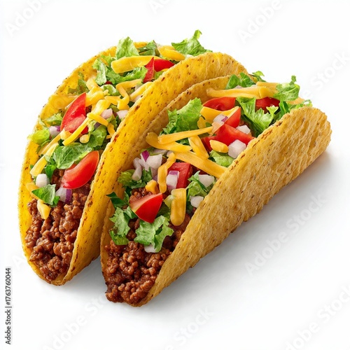 Two Crispy Hard Shell Tacos with Seasoned Ground Beef, Cheddar Cheese, and Fresh Vegetables Isolated on White