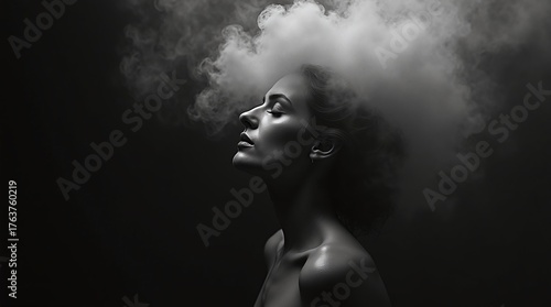 Side profile of calm woman with dreamy smoke effect.