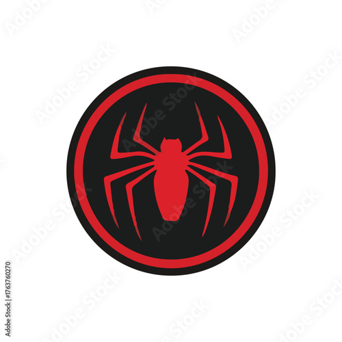 Red spider silhouette within a black circle, outlined in red, centered on a white background.