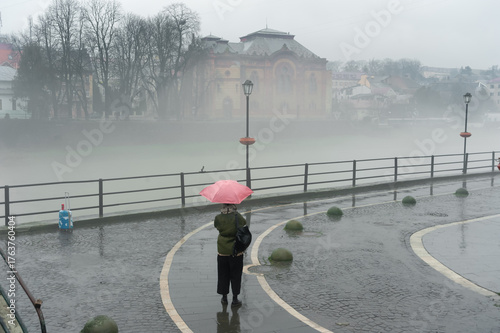 Autumn foggy day with drizzling light rain