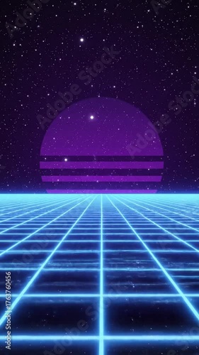 Retro futuristic grid landscape with a glowing sun and starry background