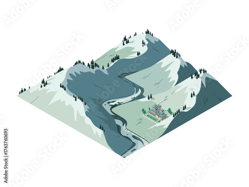 isometric mountain landscape, winding river valley, snowy peaks, pine forest, cartography style terrain, vector map tile, adventure illustration