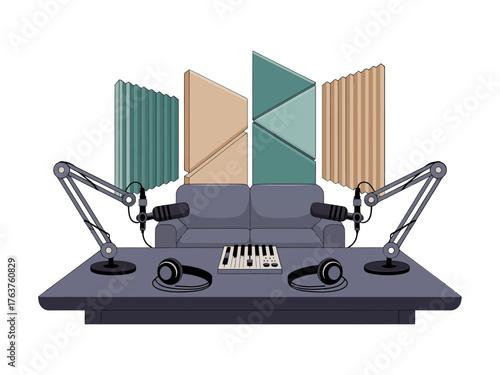 professional podcast studio, boom arm microphones, acoustic panels, soundproof setup, radio broadcast table, content creation workspace, vector illustration