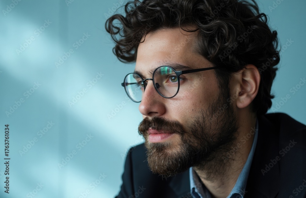 Obraz premium Thoughtful man with curly hair and glasses looking away in a professional setting