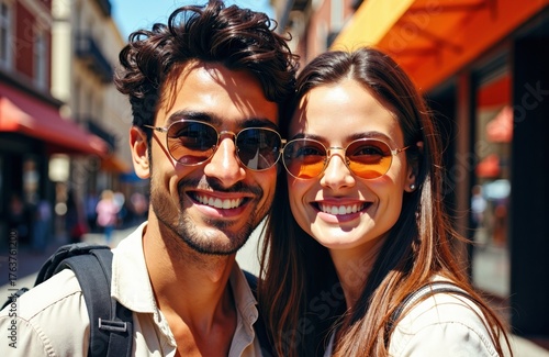 Smiling young couple wearing sunglasses enjoying a sunny day outdoors