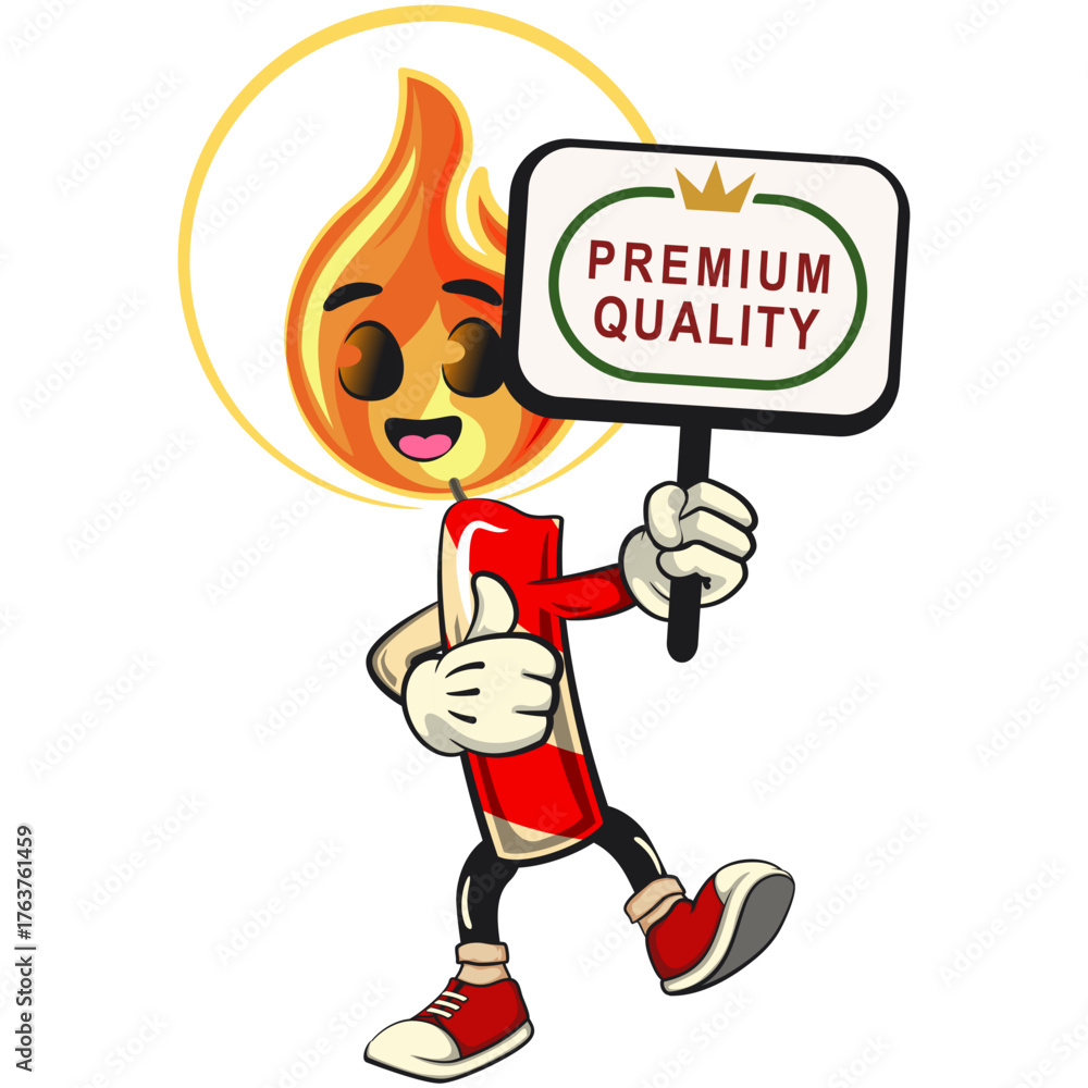 Fototapeta premium cute candle mascot cartoon vector illustration with flame character with a sign board that says premium quality and giving a thumbs up, isolated for holiday and celebration design, work of hand drawn