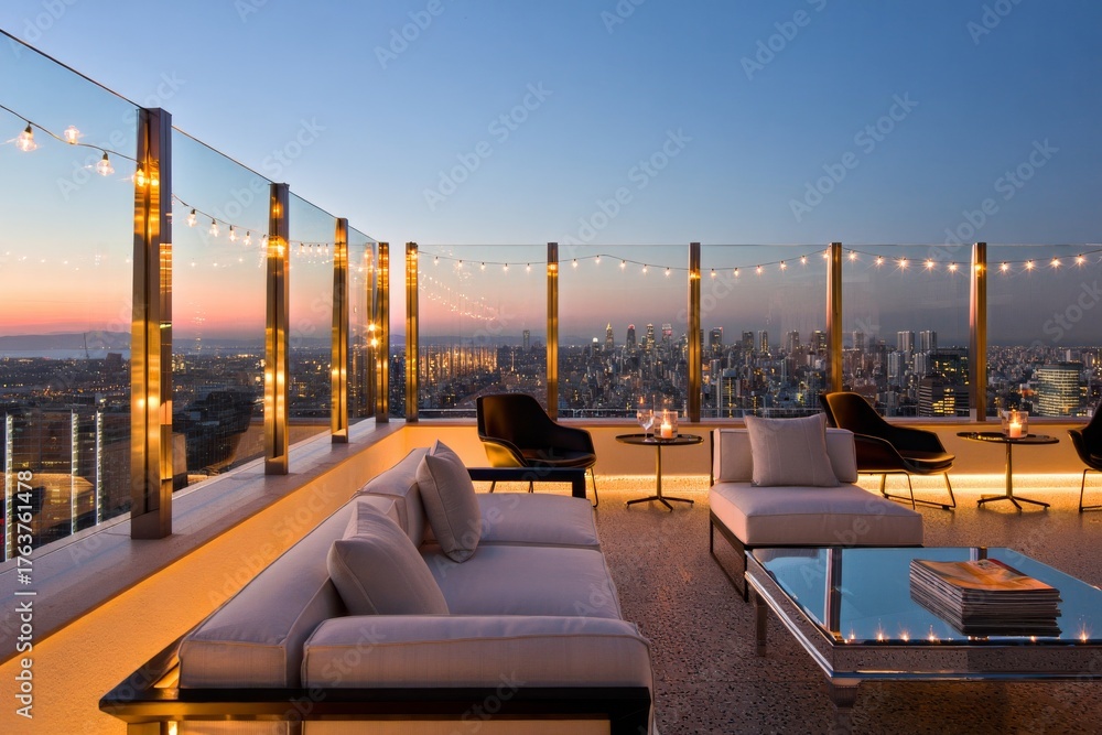 Obraz premium Elegant rooftop lounge at twilight offers stunning city views with ambient lighting and comfortable seating for sophisticated gatherings