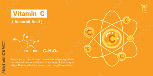 Illustration of vitamin C with molecular structure, chemical name Ascorbit Acid in chemistry C6H6O6