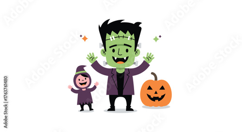 Halloween Celebration with Frankenstein, Witch, and Pumpkin.