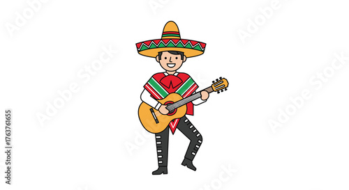 Cartoon Mexican Man Playing Guitar with Sombrero and Poncho.