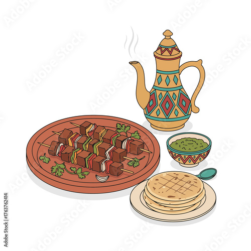 Traditional Middle Eastern Kebab or Shashlik Skewers with Flatbread, Green Sauce, and Ornate Moroccan Mint Tea Pot, Vector Art for Arabic Restaurant Menu and Cultural Food Design
