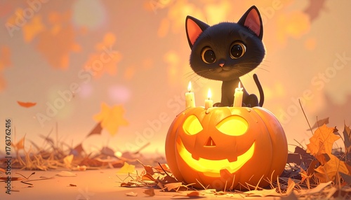 Cute Black Cat with Pumpkin