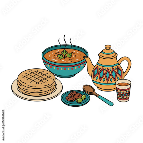 Authentic Moroccan Soup or Stew Illustration Served with Traditional Flatbread, Mint Tea Pot and Glass, Vector Art for North African Restaurant Menu and Cultural Food Design