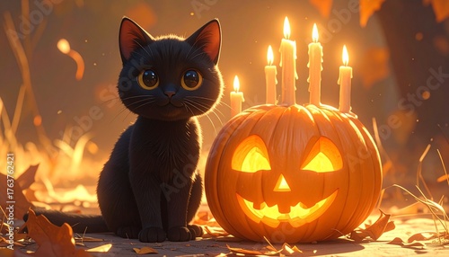 Cute Black Cat with Pumpkin