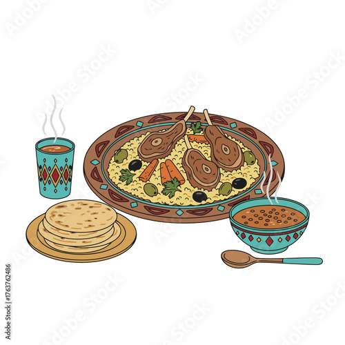 Traditional Middle Eastern Lamb and Rice Dish Illustration with Flatbread, Lentil Soup and Hot Drink, Vector Art for Arabic Restaurant Menu and Cultural Food Design