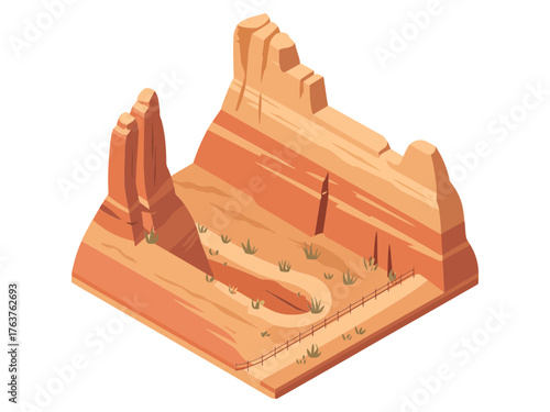 Desert spires and plateau, scenic valley path, layered rock strata, wild west landscape, isometric illustration, exploration, travel vector