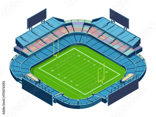 Open air arena, oval seating tiers, vivid turf field, spectator experience, sports facility, isometric rendering, competition venue, vector