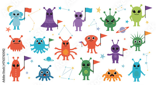 Colorful Cartoon Aliens with Flags and Space Elements.