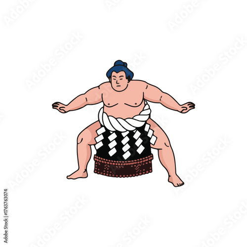 A cartoon illustration of a Japanese sumo wrestler in a traditional mawashi loincloth and topknot, assuming a powerful pre-match stance on a white background.