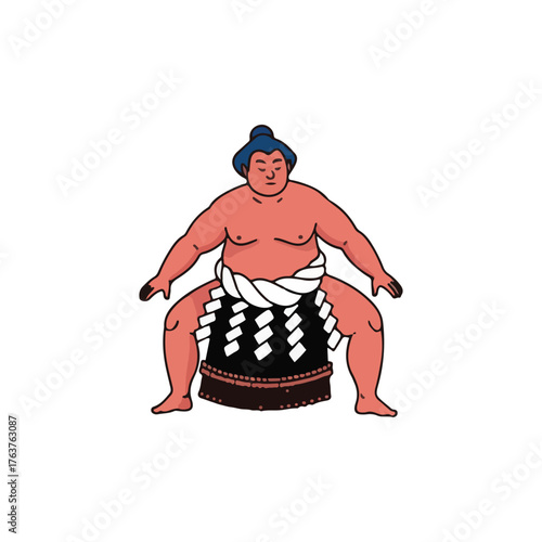 A stylized illustration of a sumo wrestler in a low stance, wearing traditional mawashi attire, ready for a match.