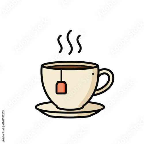A charming flat design illustration depicts a steaming cup of freshly brewed tea with a teabag resting on a matching saucer, perfect for a relaxing moment.