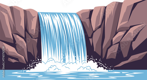 Waterfall Cascade in Rocky Landscape Illustration.