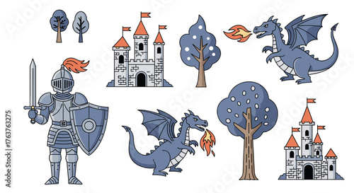 Medieval Fantasy Illustration with Knight, Dragons, and Castles.