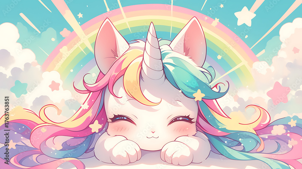 Obraz premium Cute cartoon cat with rainbow bangs and horns, free vector