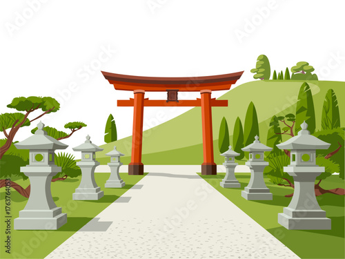 Grand torii gate at shrine avenue, stone lantern rows, greenery, perspective path, isometric cultural landscape, tourism poster vector