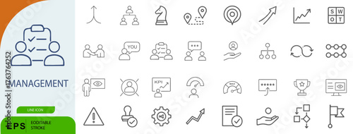 Management Icon Set – Symbols of Business Strategy, Team Leadership, and Project Planning