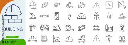Building Icon Set – Symbols of Construction Tools, Site Equipment, and Structural Planning