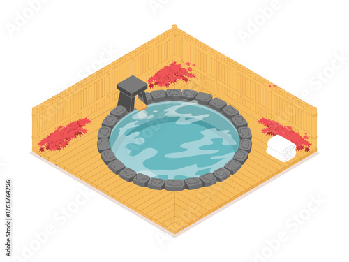 Isometric open air hot spring, circular stone pool, steam rising, red maple leaves, spa relaxation theme, wellness illustration
